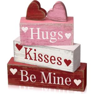 4 Pcs Valentine's Day Table Decorations Wooden Heart Valentine Tiered Tray Decor Valentine Day Centerpiece Rustic Decorative Heart Block Signs Gift Farmhouse Valentines Decor for Home Kitchen