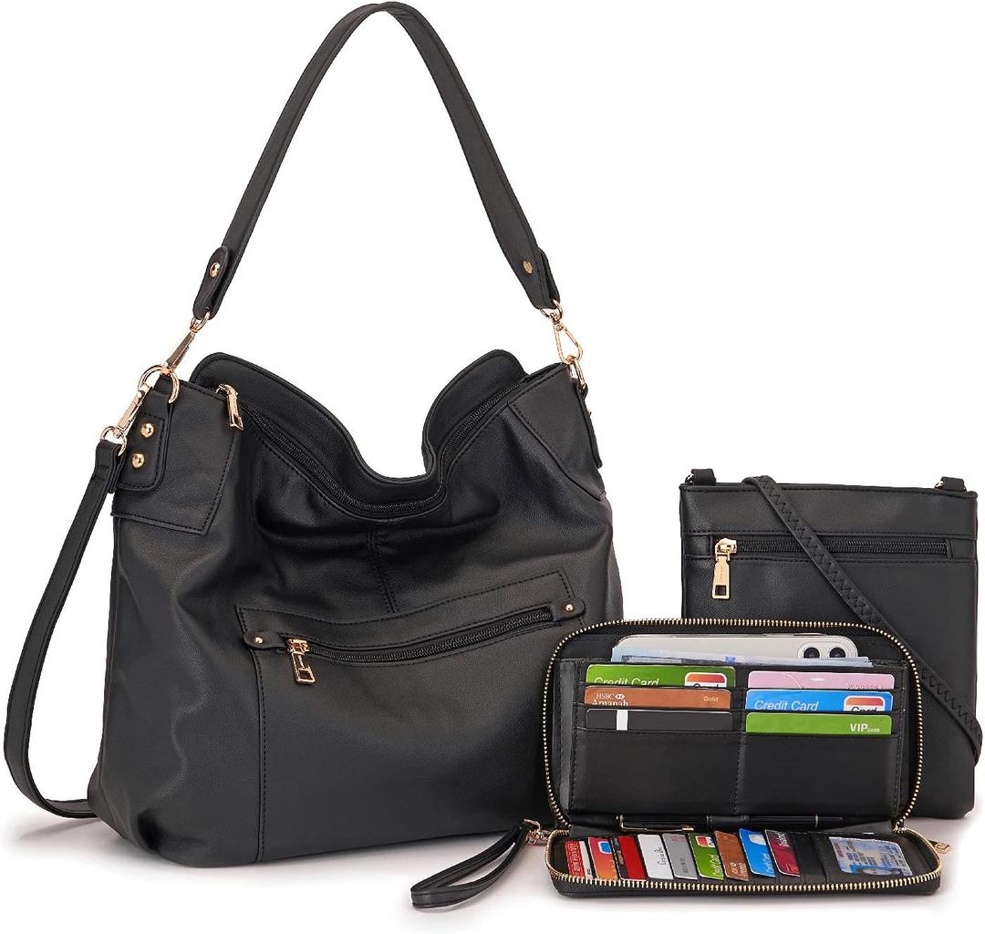 Large Crossbody Bags Ladies Shoulder Handbags Purse and Wallet Set for Women Totes Hobo Purses (3pcs/Set Black)