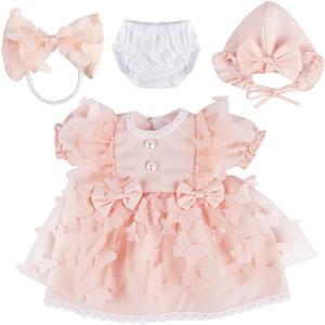 BABESIDE 4 Pcs Reborn Baby Doll Clothes Set for 17-22 Inch Babydolls, Pink Bow Dolls Dress with Hat Headband and Reusable Diaper for Realistic Baby Doll Accessories