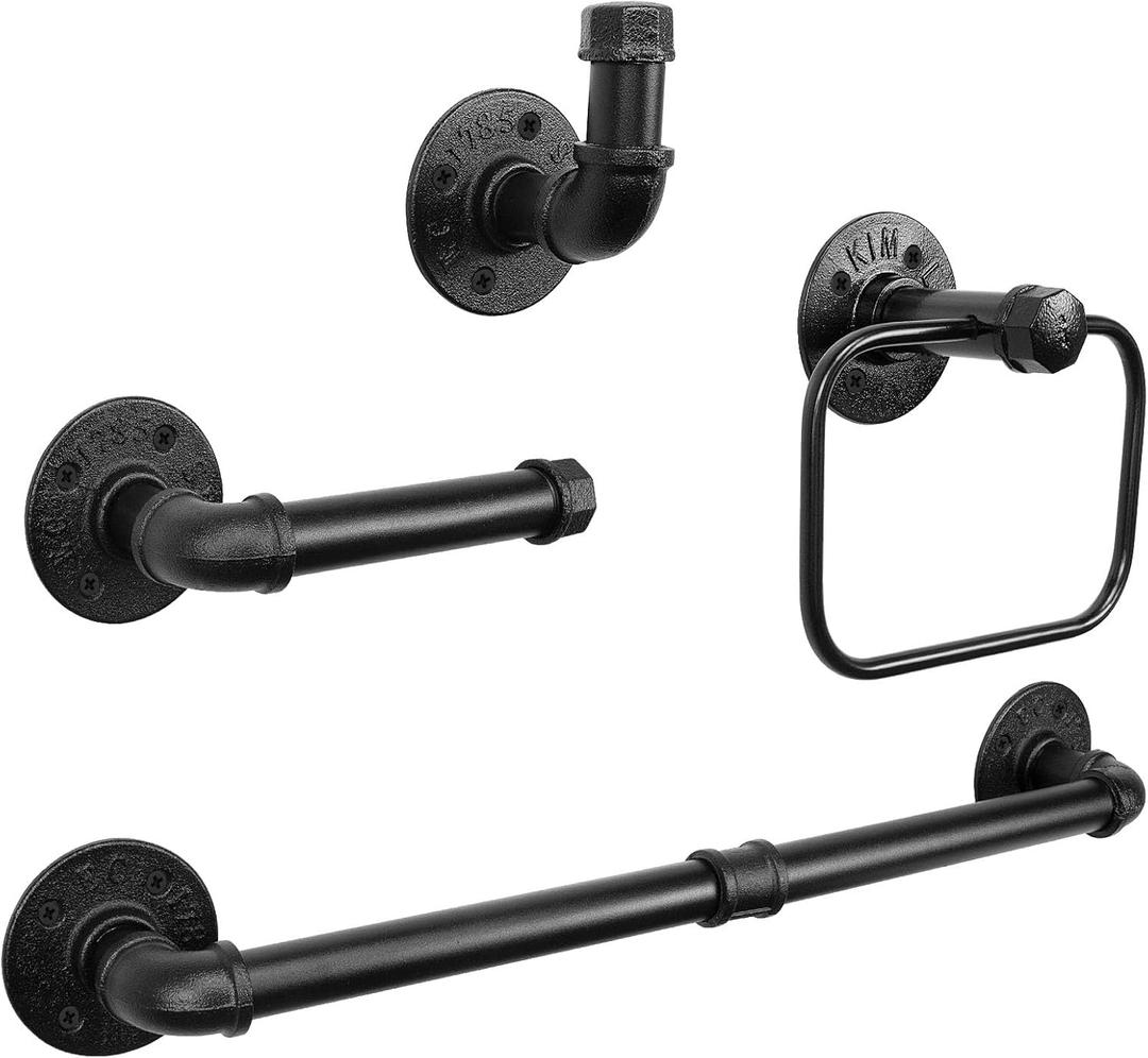 4-Pieces Industrial Pipe Bathroom Towel Ring Kit DIY Wall Mount Accessories Kit Includes Robe Hook Towel Bar and Towel Ring (18 inch) (Black)