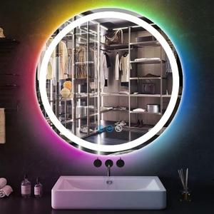 20 inches Round LED Bathroom Mirror, Wall Mounted, Front Lights (3 Colors) & RGB Backlit, Anti-Fog, Smart Light up, Circle Mirror, 20Inch Vanity Mirror, Rainbow