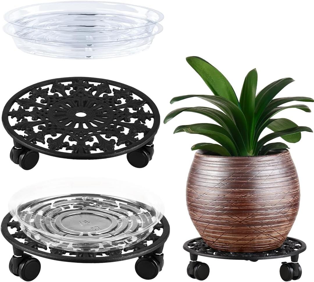 2 Pack Heavy Duty Plant Caddy with Wheels - 11 Inch Metal Plant Stand with Rolling Wheels - Wrought Iron Plant Dolly for Indoor and Outdoor (Black)