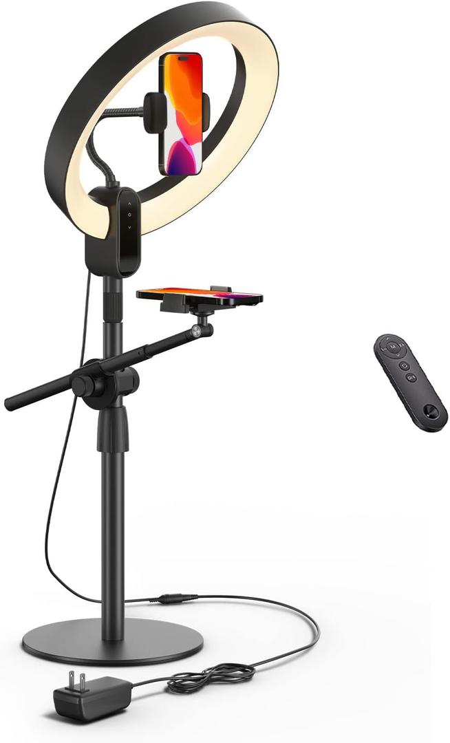SupeDesk 12" Ring Light with Stand and Phone Holder,Overhead Phone Stand,2 Phone Holders,2700-6500K,3 Color Modes,10 Brightness Levels,Remote Control,Adjustable,Live Stream,Tiktok/YouTube