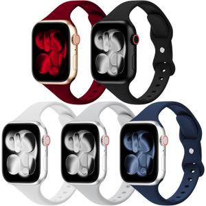 5 Pack Silicone Slim Bands Compatible with Apple Watch Band 38mm 42mm 40mm 44mm 41mm 45mm 46mm 49mm, Soft Narrow Sport Thin Strap for iWatch Ultra 3 2 1 Series 11/10/9/8/7/SE/6/5/4 Women Men