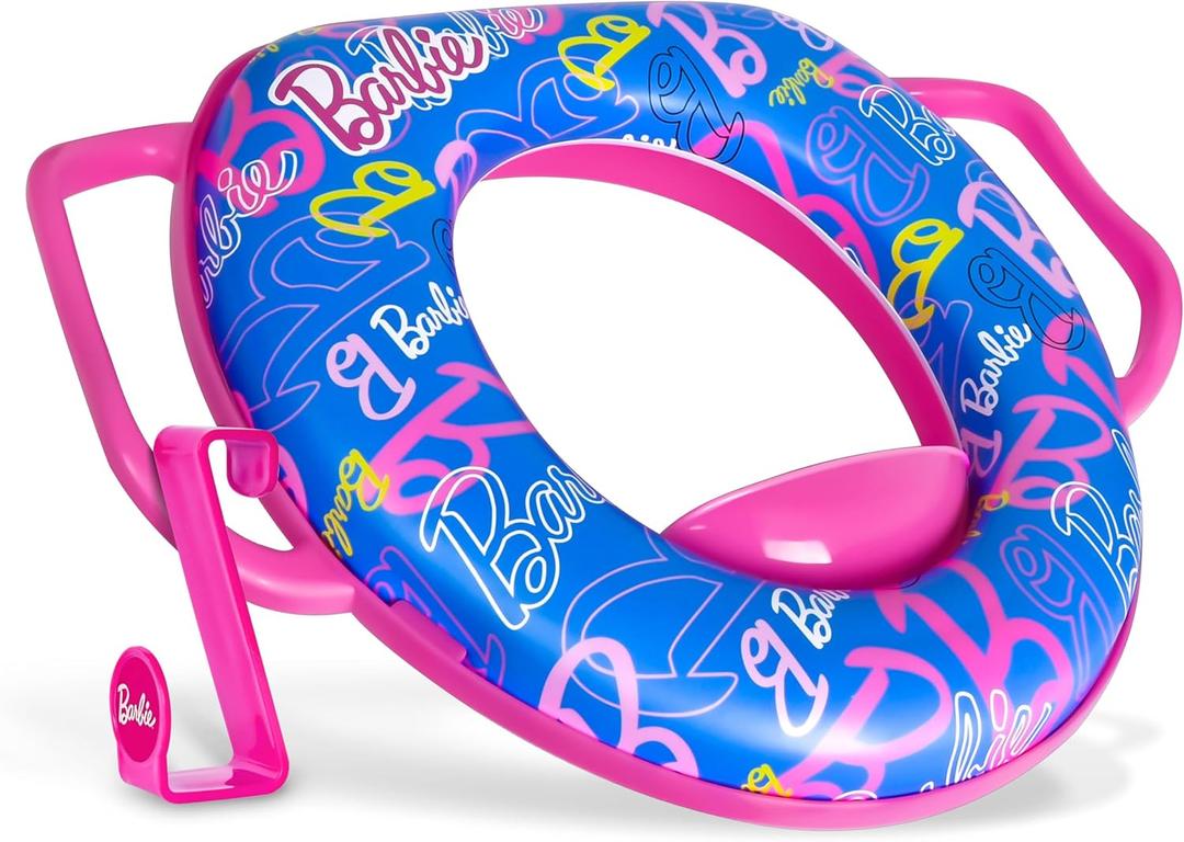Barbie Soft Potty Training Seat for Toilet with Storage Hook, Cushioned Non-Slip Potty Ring with Splash Guard, Built-in Handles for Toddlers, Pink & Blue Barbie Theme