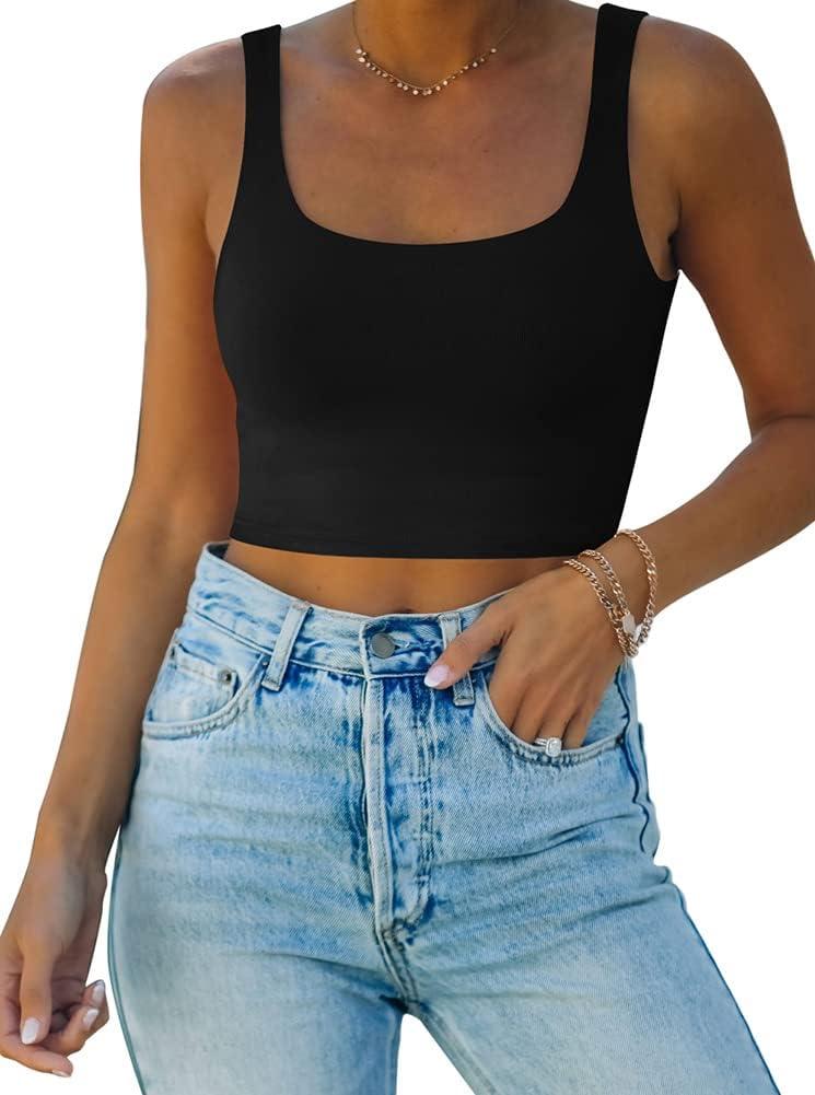 REORIA Womens Sexy Square Neck Double Lined Seamless Sleeveless Cropped Tank Yoga Crop Basic Tops (Large, 02-black)