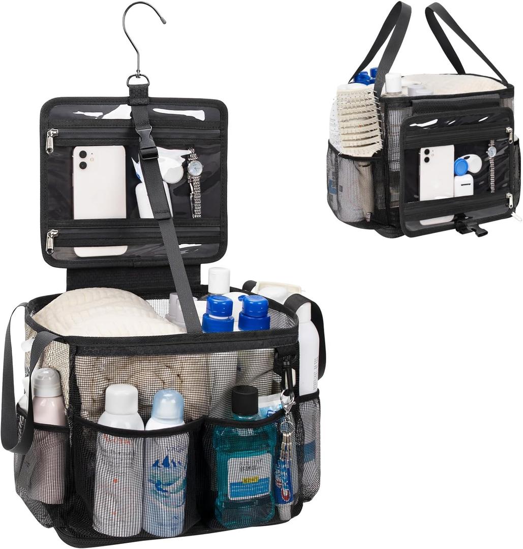 Mesh Shower Caddy Portable, Quick Dry Hanging Toiletry Bag for College Dorm Essentials with 4 Pockets/Divider/Plastic Bottom, Travel Tote Bag for Camping, Bathroom, Beach, Swimming, Gym (Large12.2"L  8.2"W  10.6"H, Black)