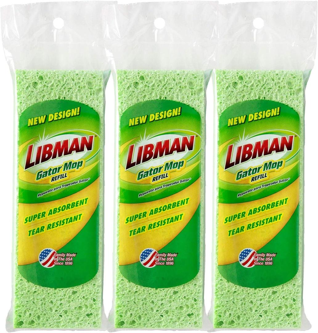 Libman 1487 Gator Mop Refill Pack Extra-Absorbent, Cellulose Coated Sponge Replacement Heads for The Standard 9 Inch Libman Gator Mop, 3-Pack of Mopheads