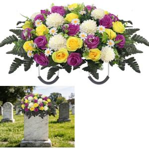 Wocst Headstone Flower Saddle,Large Artificial Cemetery Flowers for Grave Roses & Chrysanthemums Cemetery Memorial Flowers for Outdoor Grave Decorations (Purple)