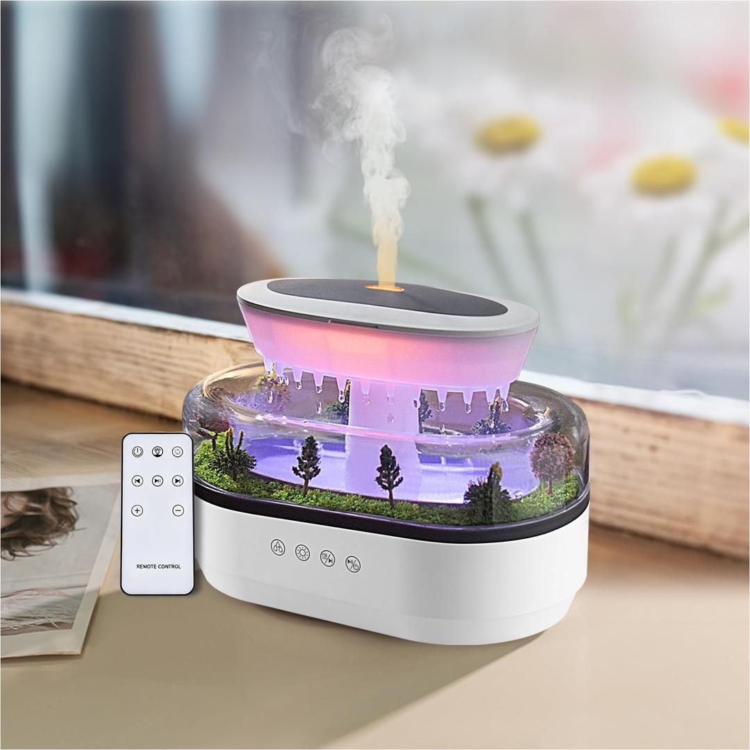 Rain Diffuser 250ML Essential Oil Diffuser, Cloud Humidifier Rain Water Drip Humidifier with Drip Music Micro Landscape Ultrasonic Diffuser for Bedroom (White)