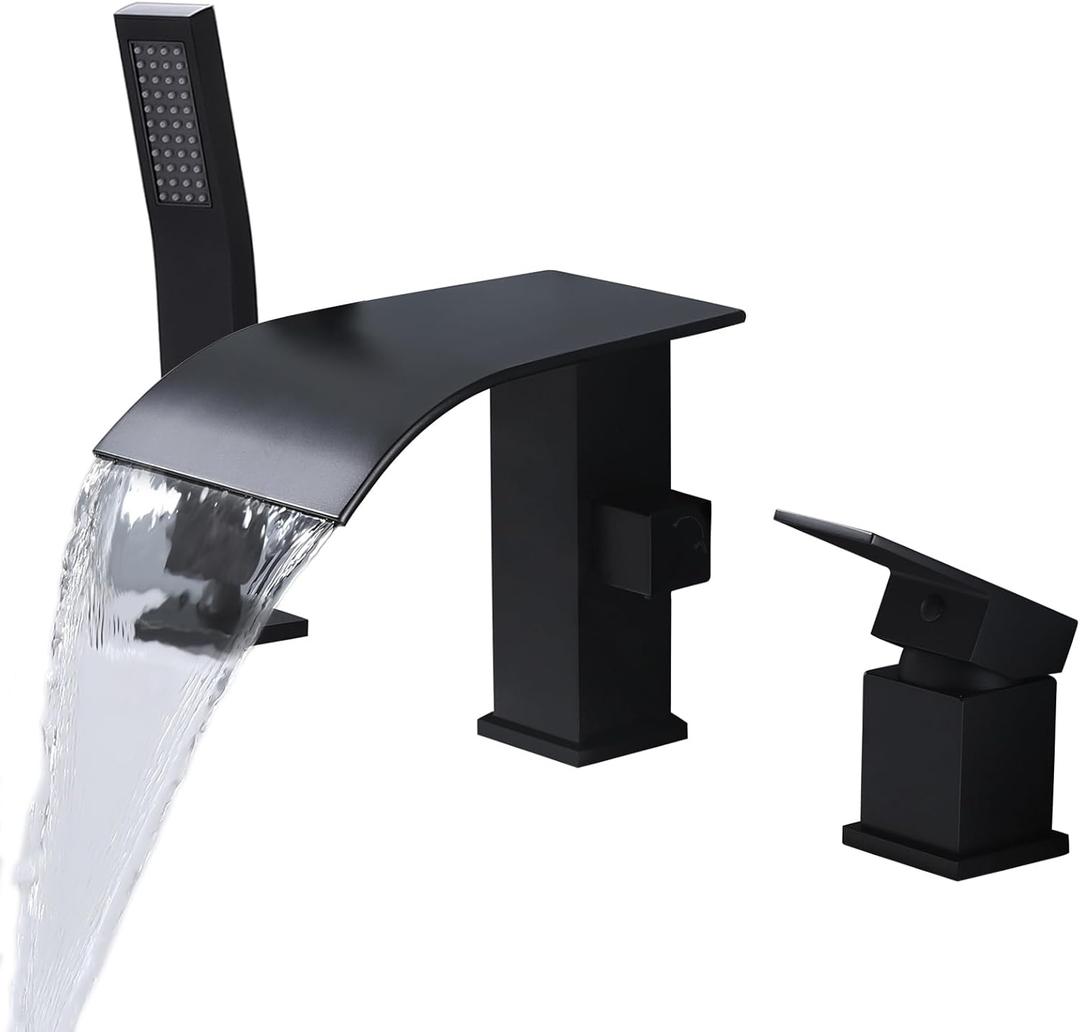 Waterfall Roman Tub Faucet with Hand Shower, Deck Mount Tub Filler Bathtub Faucet with Sprayer, Single Handle Bathtub Faucet Set, Brass Widespread 3 Hole Bathtub Shower Faucet Set Matte Black