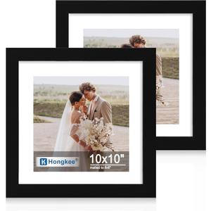 Hongkee 10x10 Picture Frame Set of 2, Made of Real Glass and Black Wooden Frame - Display Square 8x8 with Mat or 10x10 Without Mat, 10 by 10 Photo for Wall or Tabletop
