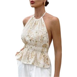 MakeMeChic Women's Sequin Floral Embroidery Halter Top Sleeveless Tie Back Y2K Party Tops (White, L)