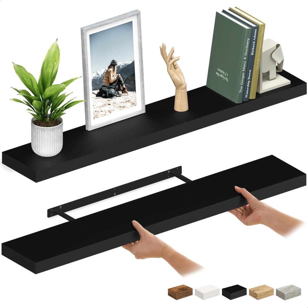 Ballucci Floating Shelves for Wall, 48" Wood Wall Shelf Set of 2, with Invisible Brackets for Bathroom, Living Room, Bedroom, Kitchen, Nursery, 8" Deep, Black