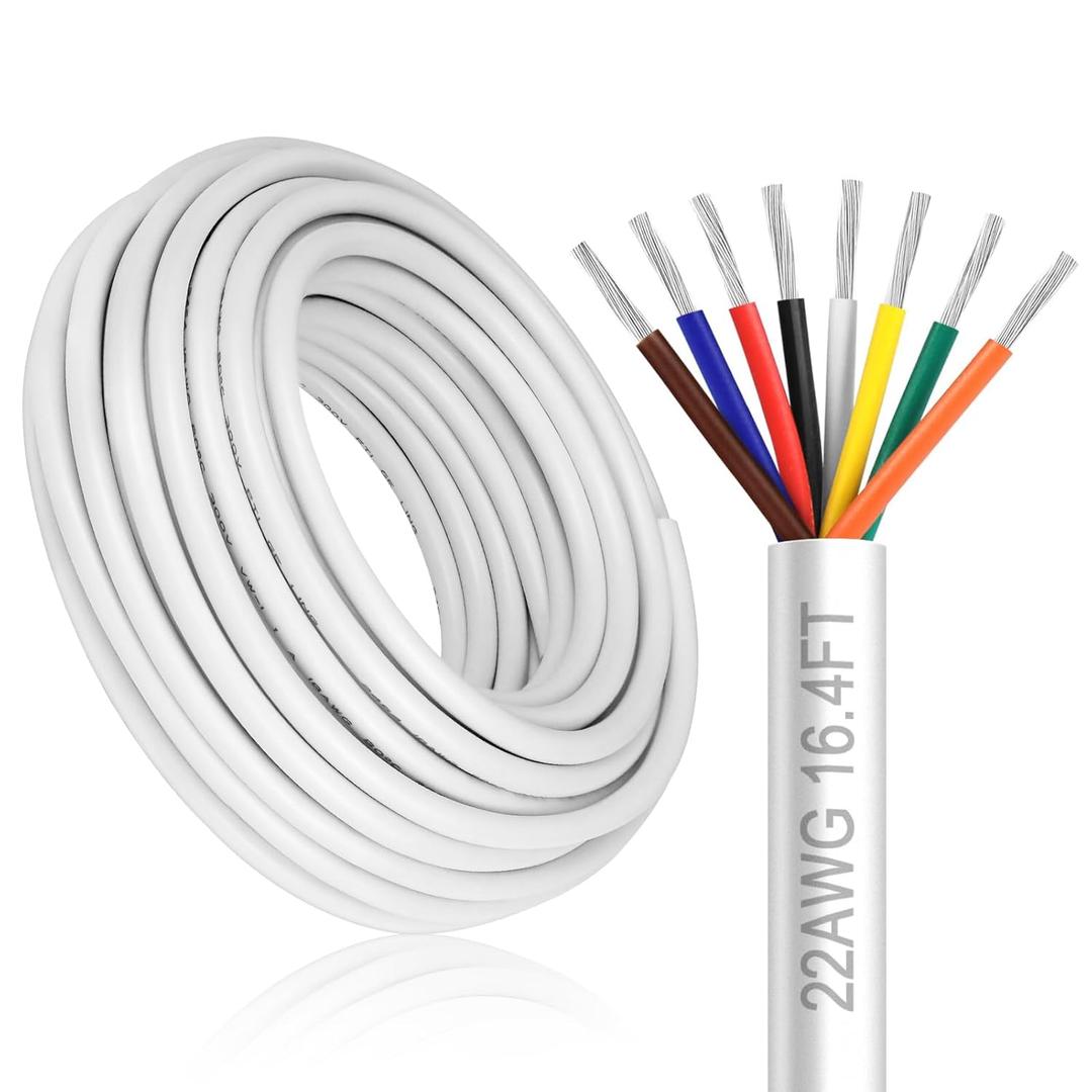 22 Gauge 8 Conductor Electrical Wire, 16.4FT White Stranded Low Voltage 22/8 PVC Case, 22 AWG Tinned Copper 8 Wire Extension Power for Strips LED Lamp Lighting