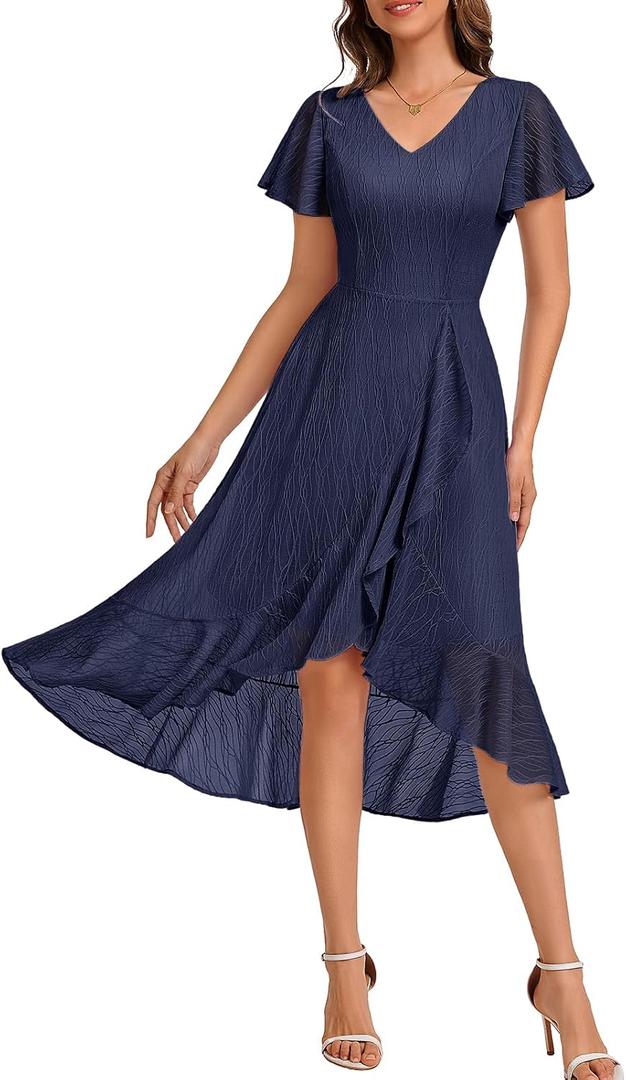 DRESSTELLS Women's Cocktail Dresses, Formal Wedding Guest Lace Bridesmaid Prom Party Evening Hi Low Midi Dress 2026 (Blue, M)