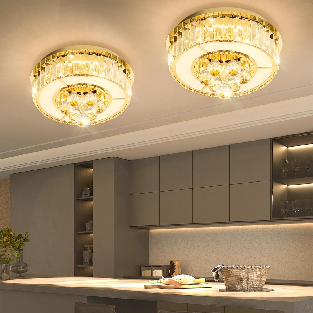 AFQEJG 19.6" Gold Modern Crystal Chandeliers for Dining Room LED Dimmable Light Fixtures Flush Mount Light Living Room Bedrooms