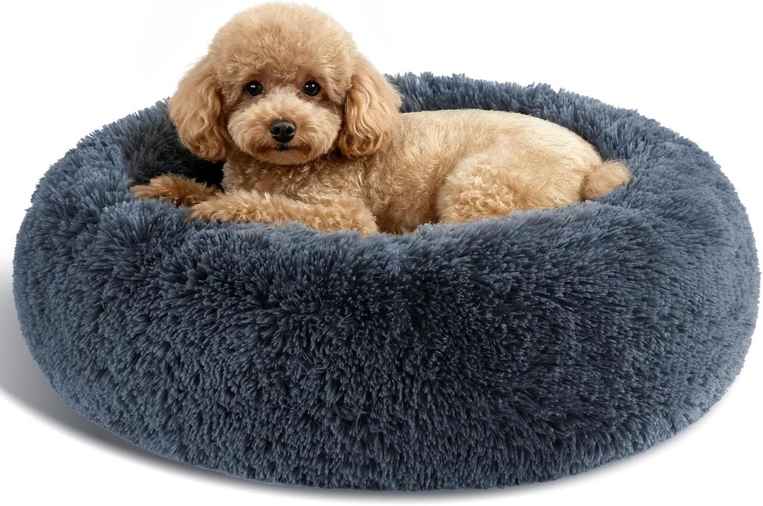 Dog Calming Beds for Small Medium Large Dogs - Round Donut Washable Puppy Dog Bed, Anti-Slip Faux Fur Fluffy Donut Cuddle Anxiety Cat Pet Bed (20" Dark Grey)