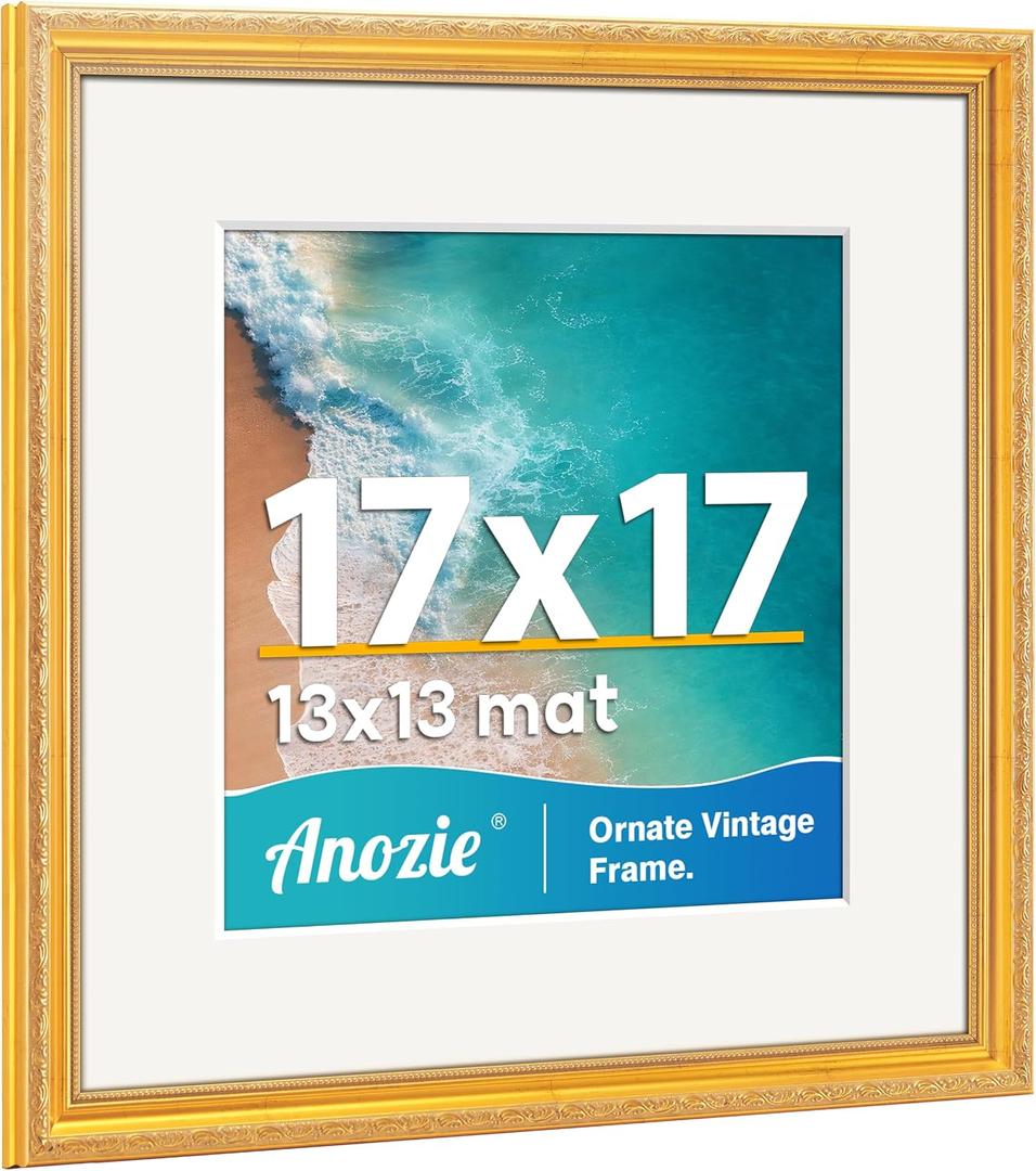 Vintage 17x17 Picture Frame, Antique Gold Photo Frames with Plexiglass Front,Ornate Square 17x17 Frame Display 13x13 with Mat or 17 x 17 Picture Frame Without, Wall Décor,1 Pack,Gold