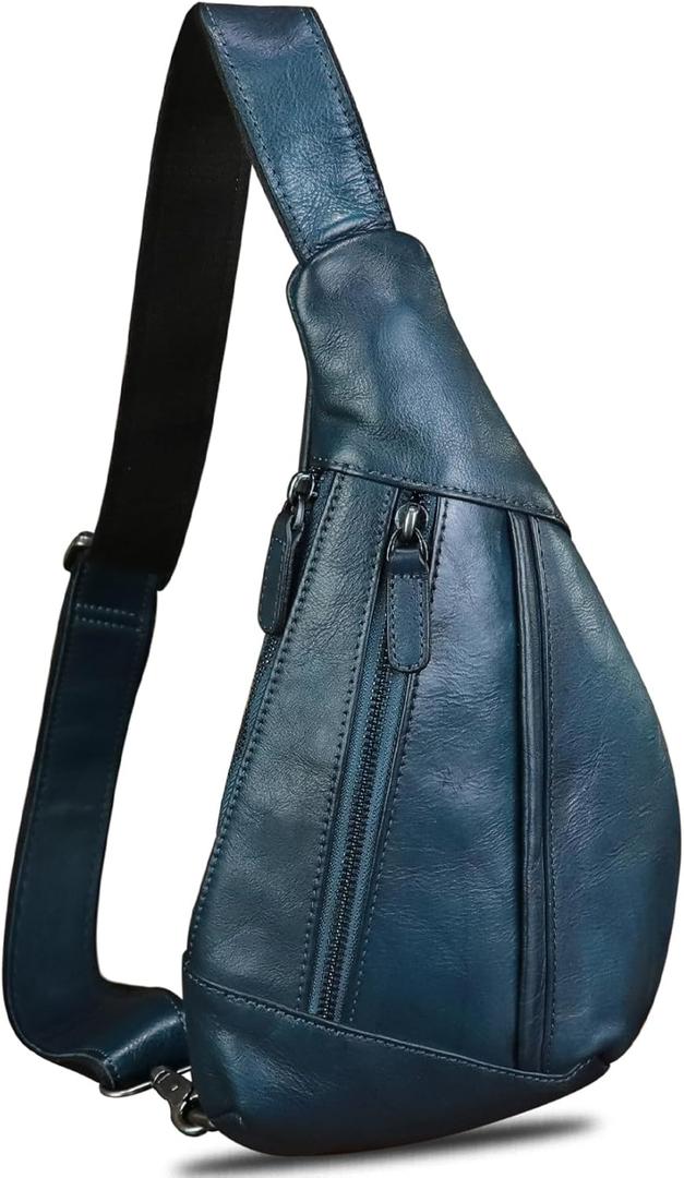 LRTO Genuine Leather Sling Bag for Men and Women Vintage Real Leather Crossbody Chest Bags Backpack Purse for Travel Hiking (Blue)