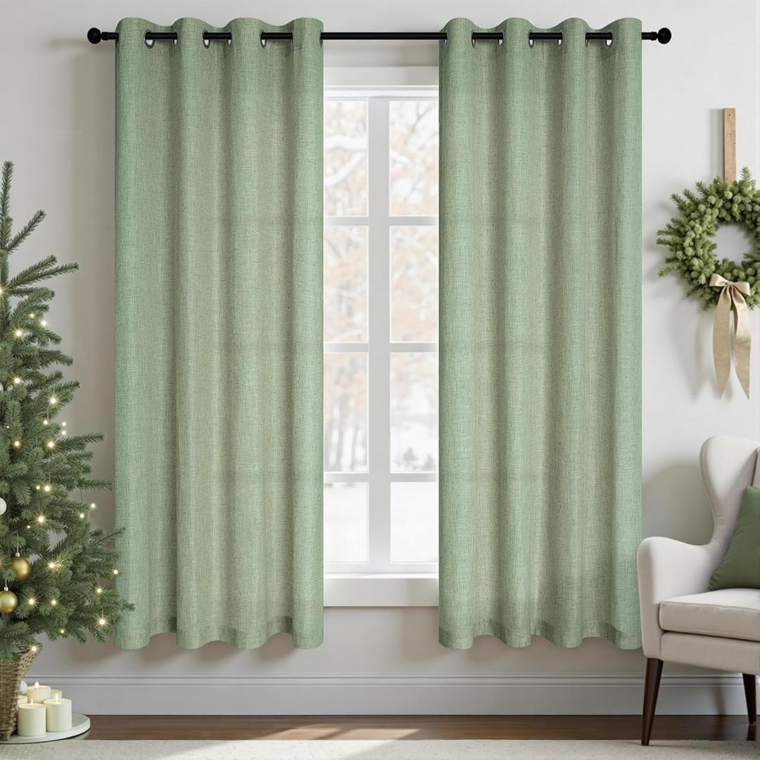 Light Sage Linen Curtains 72 Inch Length for Bedroom 2 Panels Grommet Light Filter Linen Textured Semi Sheer Opaque Sage Green Curtains for Living Room Bay Window Cottage Farmhouse 6FT 6 FT Long 52x72