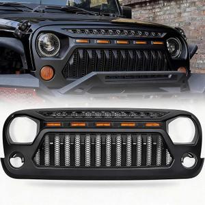 Grill Compatible with The Following Models:Jeep Wrangler JK JKU Accessories 2007-2018 Angry Face Grill Matte Black with 5 Amber Lights for Rubicon Sahara Sport