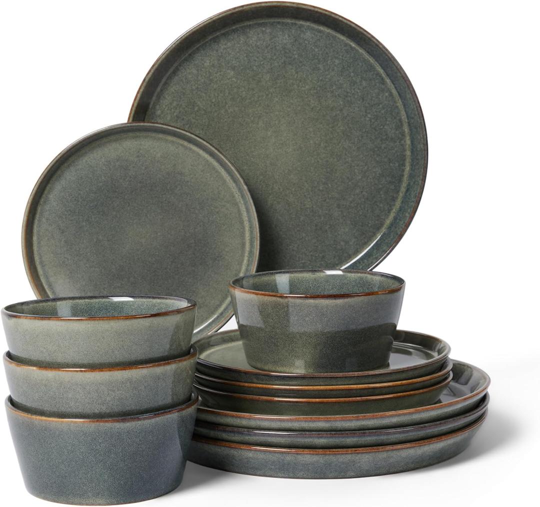 Pokini Dinnerware Sets, Microwave Safe Plates and Bowls Sets, Dishes Set for 4, Chip & Scratch Resistant Dinner Set, Reactive Glazed Farmhouse Dishware Sets, Green Wheat