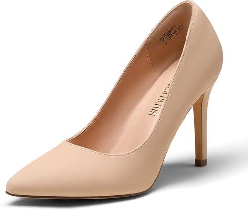 DREAM PAIRS Women's Closed Toe High Heels Dress Pointed Toe Wedding Pump Shoes,Size 7.5W,Nude-Nubuck,Beige, 38.5 EUR