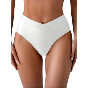 OYOANGLE Women's High Rise Swimsuit Bikini Bathing Suit Bottoms V Waisted Hipster Booty Swim Briefs (White, S)