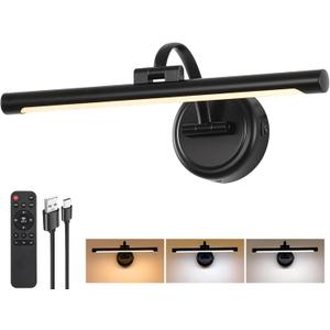 Tassuowell Rechargeable Picture Light for Wall, Cordless Art Lights Battery Operated, Dimmable Wall Light with Remote & Timer, 3 Color Modes for Paintings, Gallery, Artwork(Black, 15.7inch)