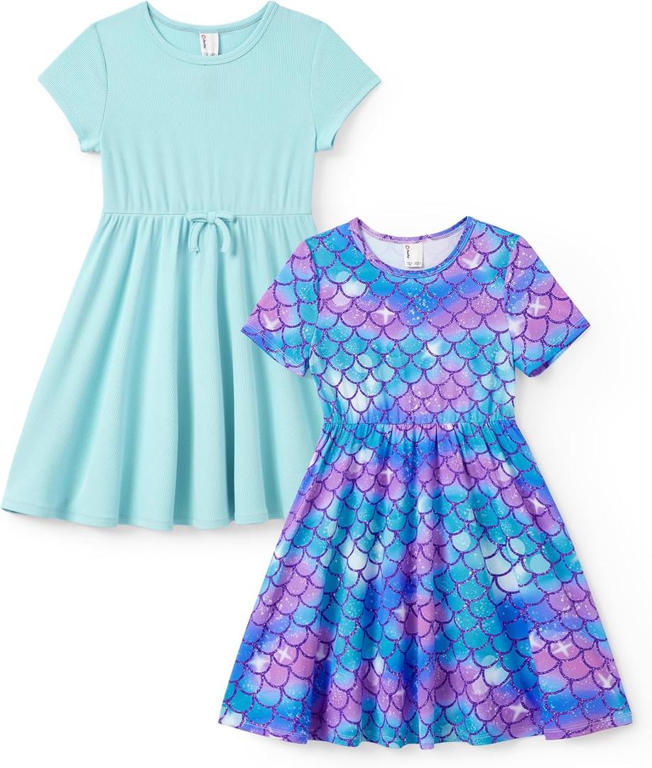 PATPAT Girls' Short Sleeve Dresses Multipack  Quick-Dry Fabric, Tie-Dye & Leopard Prints for Toddlers & Big Girls 2-10 T (Green)