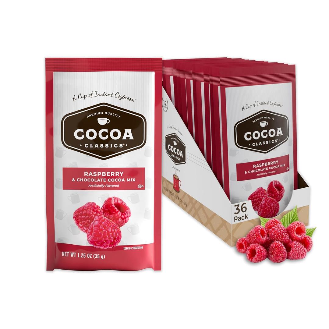 Cocoa Classics Raspberry Cocoa Mix, Hot or Iced, 1.25oz, 36 Pack | Raspberry Cocoa Mix with Sweet, Fruity Flavor and Chocolate, BBD: 10/08/27