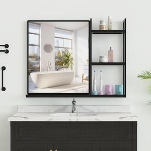 Black Metal Framed Bathroom Mirror with Shelf, 24.4 X 31 in Rectangular Wall Mounted Bathroom Vanity Mirror, Modern Bathroom Mirror with Storage for Over Sink, Entryway (Black)
