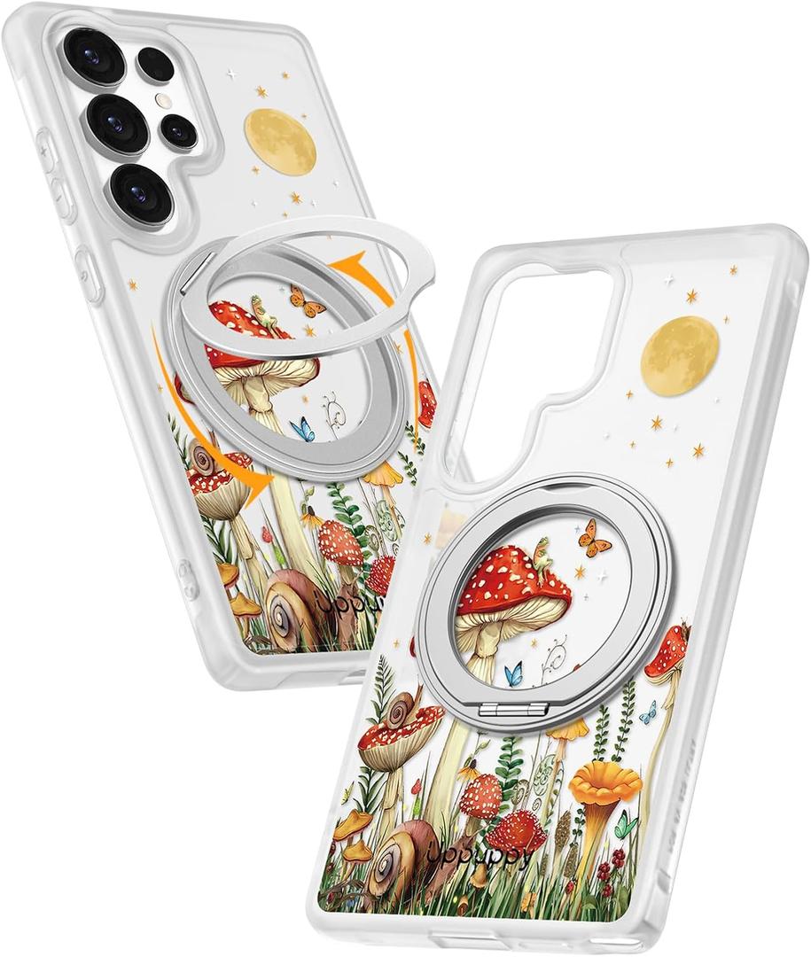 Uppuppy for Samsung Galaxy S25 Ultra Case - Compatible with MagSafe for Women Girls Bulit-in 360°Rotatable Magnetic Ring Holder Kickstand Cute Aesthetic Mushroom Butterfly Design for Samsung S25 Ultra