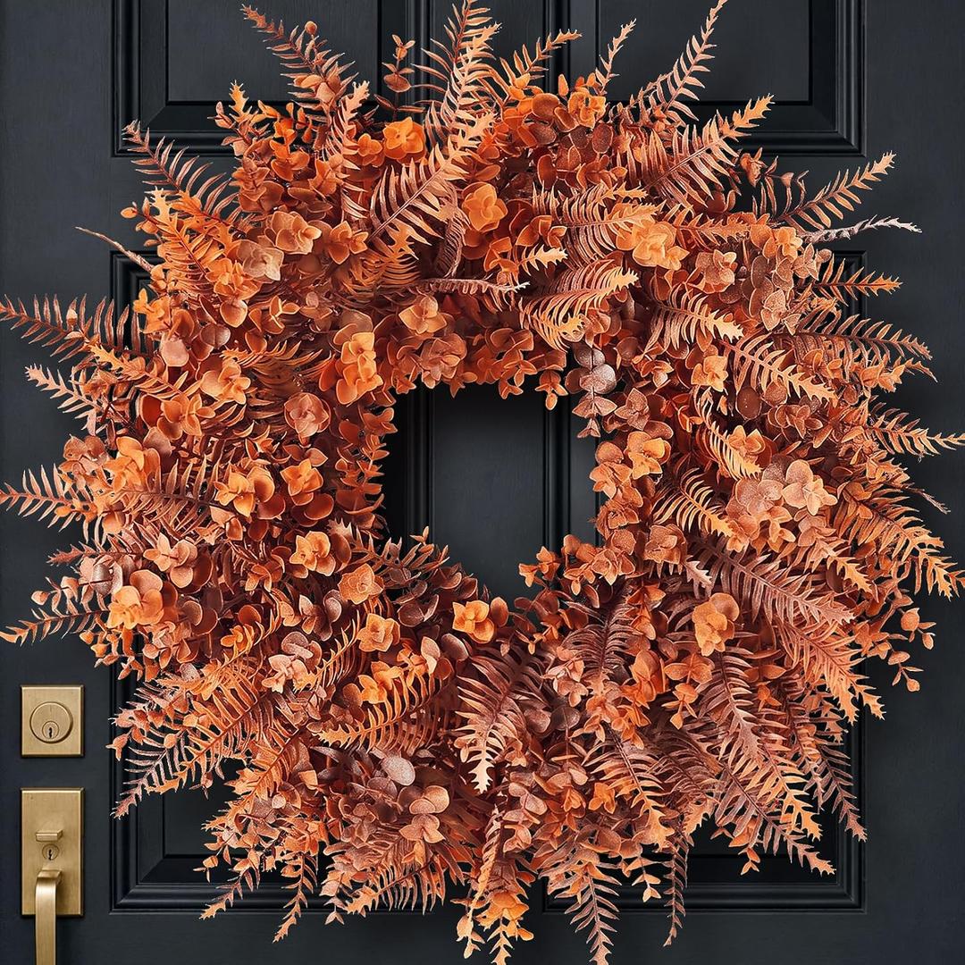 26" Artificial Fall Eucalyptus & Fern Wreath for Front Door Decor(Orange)