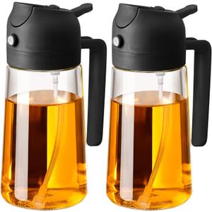 2PCS Oil Sprayer for Cooking, 470ml 2 In 1 Sprayr & Pour, Glass Olive Oil Dispenser Pourer for Kitchen, Air Fryer, Cooking, Salad, BBQ (Black,Black)