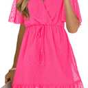 KIRUNDO Women Casual Summer Fall Dresses Long Sleeve Floral Wrap V Neck High Waist Ruffle Tiered A Line Flowy Mini Dress (Pink, M)