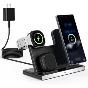 Samsung S25 Wireless Charger Station,3 in 1 Wireless Charger for Samsung Galaxy S25 Ultra/S24/S23/Z Fold/Flip 7/6/5,for Galaxy Watch 8/7/6/5/Pro,buds, Charging Station for iPhone 17/16/15 with Adapter