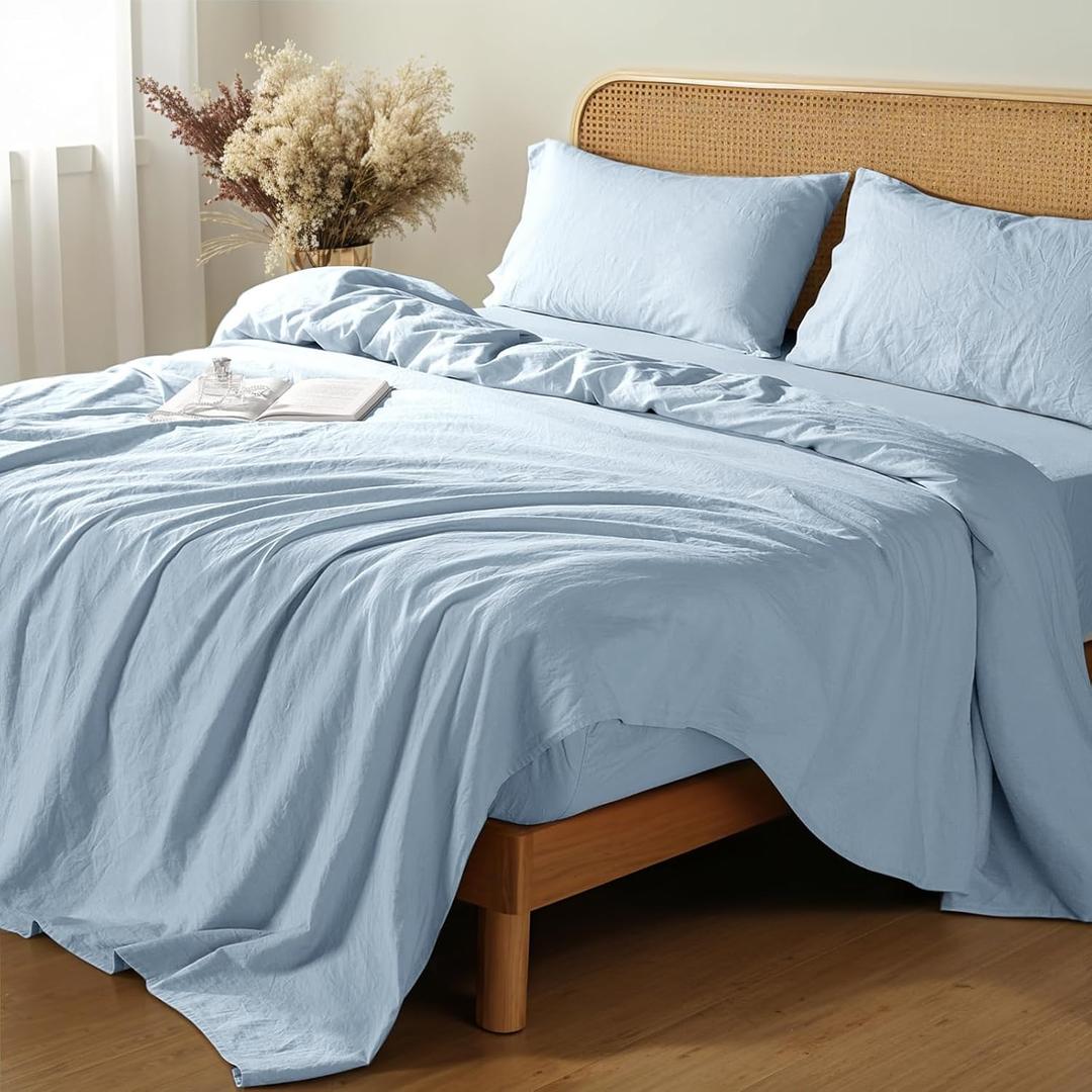 Shilucheng 100% French Linen Sheets - Queen Size Bed Sheets, Breathable & Cooling Pure Linen Sheets,Soft Durable and Tear Resistant -16 Inch Deep Pocket - 4Pcs (Dusty Blue, Queen)