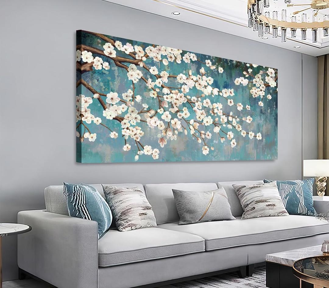 Shoci Flowers Tree Wall Art - Large Cream White Floral Brown Branch Canvas Pictures for Living Room Rustic Teal Painting Prints Decor Retro Botanical Artwork Wall Art for Bedroom Decoration 24" X 48" (Turquoise)