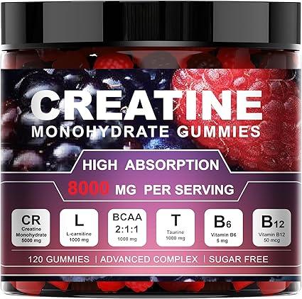 Creatine Monohydrate Gummies Complex 8000mg with LCarnitine & Taurine, Flavored Creatine for Women and Men with Raspberry & Blackberry Taste, Pre Workout Gummies for Men and Women  120pcs