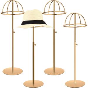 Sintuff 4 Pcs Display Stands 15-22.8 Inch Large Adjustable Hat Holder Non Slip Wigs Stand Stainless Steel Rack With Stable Base for Multiple Hats Storage (Gold)