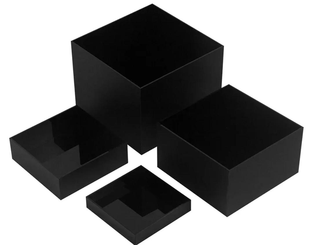 Acrylic Cube Display Boxes Pedestals, Black Platform with Hollow One Open Side, Stackable Nesting Risers Stands Shelf for Collectibles