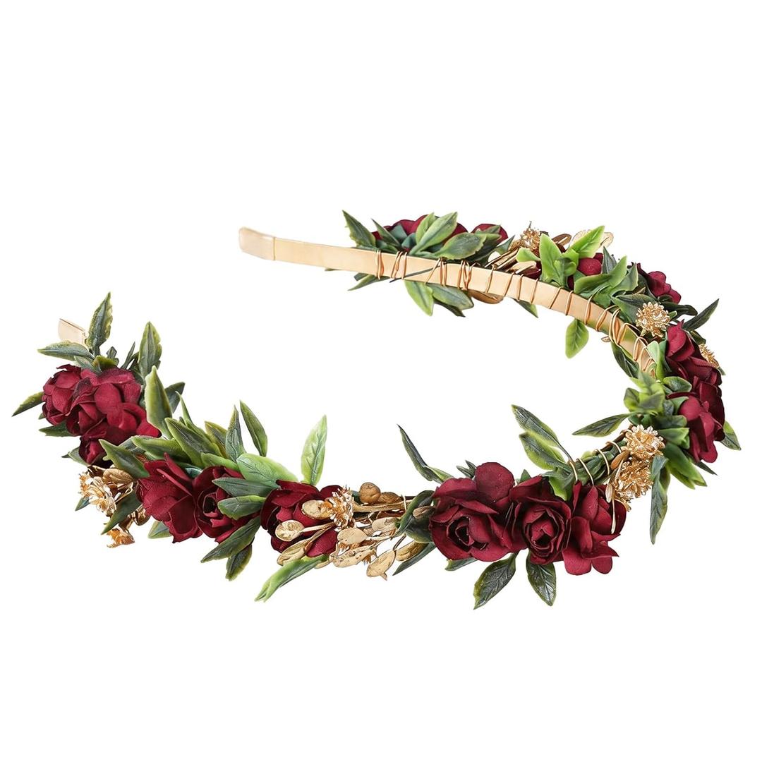 Red Rose Flower Headband, Artificial Fairy Elf Flower Crown, Forest Woodland Floral Headpiece for Women Maternity Wedding Renaissance Festival Cosplay Party Hair Accessories