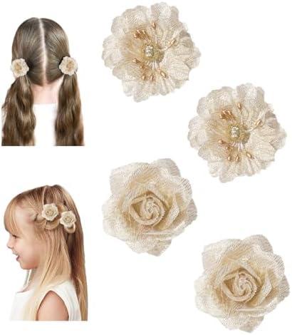 WNYUJOY Baby Girls Floral Hair Bows Clips, 4Pcs Glitter Gold Flower Hair Barrettes Alligator Clips, Hair Accessories for Toddlers Kids Teens