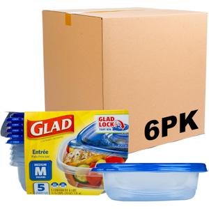 Glad GladWare Entree Food Storage Containers with Lids, Medium Square BPA Free Plastic for Meal Prep and Lunches, Lock Tight Seal, Microwave and Dishwasher Safe, 25 Oz, 5 Count - 6 Pack