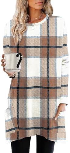 XIEERDUO Womens Tunic Tops Long Sleeve Crew Neck High Low Hem Loose Fit Shirts Blouses with Pockets XL