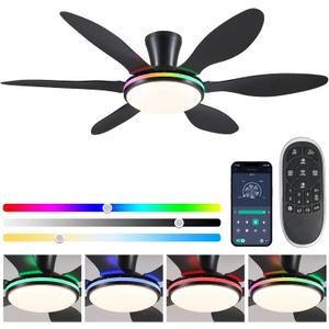 BayDay Ceiling Fans with Lights, Flush Mount Ceiling Fan Led Lights Quiet DC Dimmable 6 Blades (Black Fan, Led Light + Side RGB Light, 51 inch)