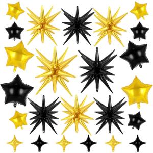 24 Pcs Star Balloons Set Explosion Balloons Foil Cone Balloon Four Pointed Star Shaped Balloon for Birthday Wedding Anniversary Party Backdrops Decorations Supplies (Black and Gold)