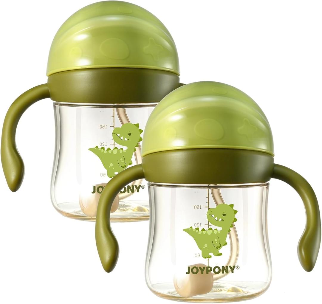 Joypony Baby Sippy Cups 6-12 Months, Spill Proof Weighted Straw Cup with Handle for Toddlers 1-3, 2 Pack, Total 4 Silicone Straws, PPSU, BPA Free, 6 oz (Green)